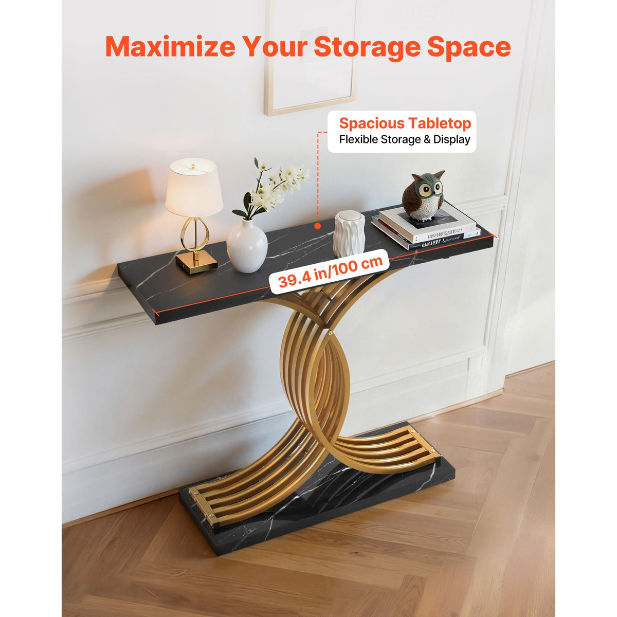 39 in Gold Console Table, Modern Desk Behind the Couch, Wood Rectangle Entrance Desk, Narrow Long Sofa Table Accent Stand with Metal Legs for Hallway, Bedroom, Living Room, Foyer, Easy Assembly