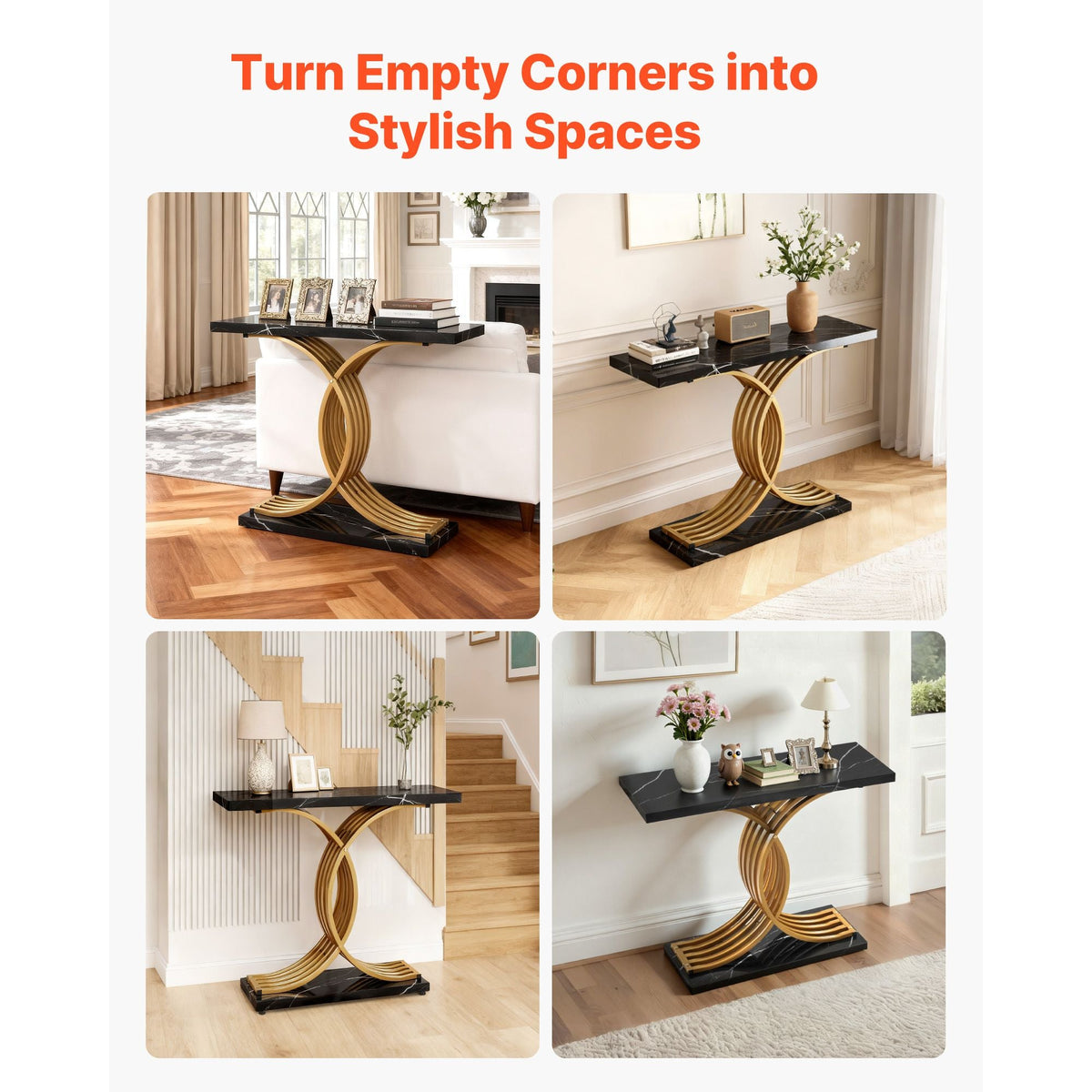 39 in Gold Console Table, Modern Desk Behind the Couch, Wood Rectangle Entrance Desk, Narrow Long Sofa Table Accent Stand with Metal Legs for Hallway, Bedroom, Living Room, Foyer, Easy Assembly