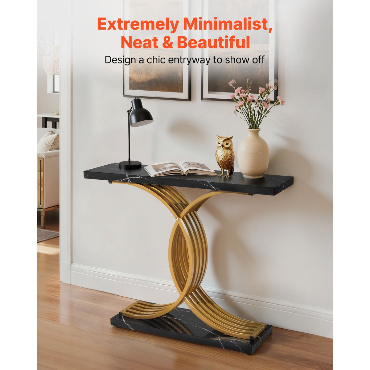 39 in Gold Console Table, Modern Desk Behind the Couch, Wood Rectangle Entrance Desk, Narrow Long Sofa Table Accent Stand with Metal Legs for Hallway, Bedroom, Living Room, Foyer, Easy Assembly