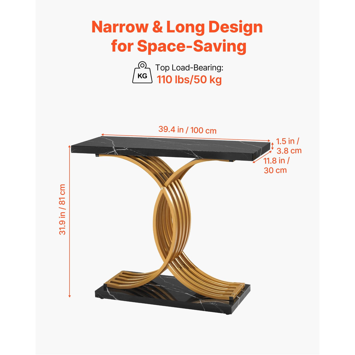 39 in Gold Console Table, Modern Desk Behind the Couch, Wood Rectangle Entrance Desk, Narrow Long Sofa Table Accent Stand with Metal Legs for Hallway, Bedroom, Living Room, Foyer, Easy Assembly