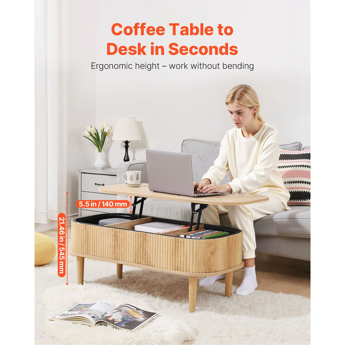39.4 in Lift Top Coffee Table, Fluted Oval Coffee Table with 3 Hidden Compartment, Mid Century Wooden Oval Center Desk with Storage, Lift Up Tabletop for Home & Office, Easy Assembly, Burlywood