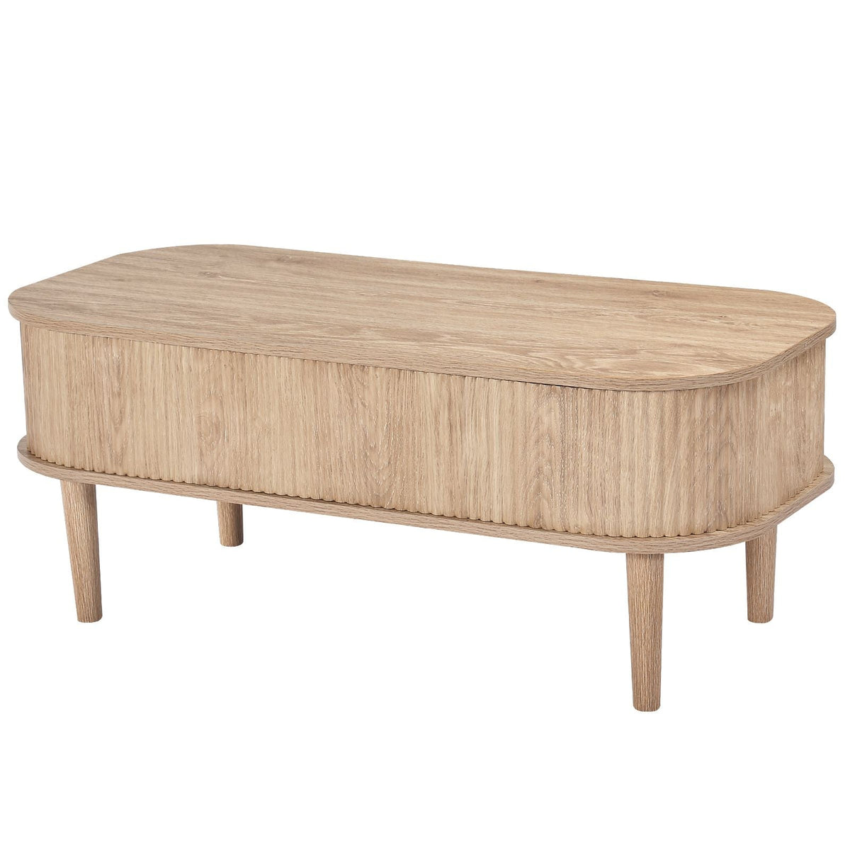 39.4 in Lift Top Coffee Table, Fluted Oval Coffee Table with 3 Hidden Compartment, Mid Century Wooden Oval Center Desk with Storage, Lift Up Tabletop for Home & Office, Easy Assembly, Burlywood