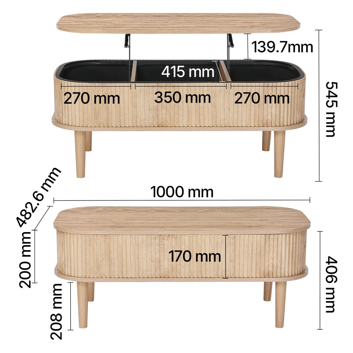 39.4 in Lift Top Coffee Table, Fluted Oval Coffee Table with 3 Hidden Compartment, Mid Century Wooden Oval Center Desk with Storage, Lift Up Tabletop for Home & Office, Easy Assembly, Burlywood