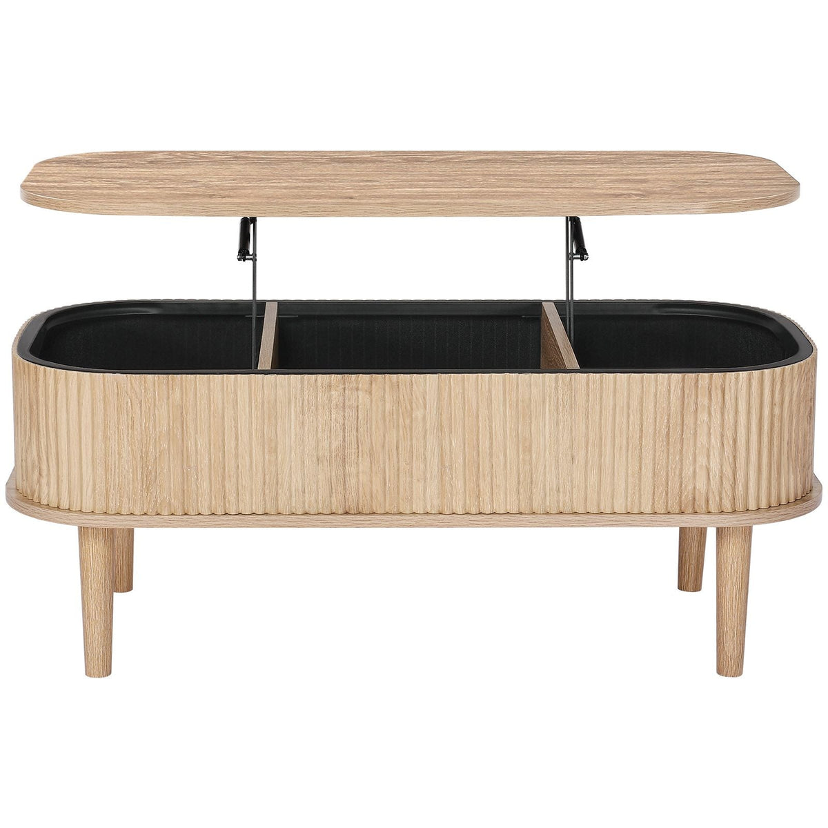 39.4 in Lift Top Coffee Table, Fluted Oval Coffee Table with 3 Hidden Compartment, Mid Century Wooden Oval Center Desk with Storage, Lift Up Tabletop for Home & Office, Easy Assembly, Burlywood