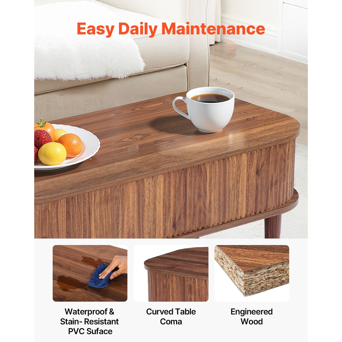 39.4 in Lift Top Coffee Table, Fluted Oval Coffee Table with 3 Hidden Compartment, Mid Century Wooden Oval Center Desk with Storage, Lift Up Tabletop for Home & Office, Easy Assembly, Walnut