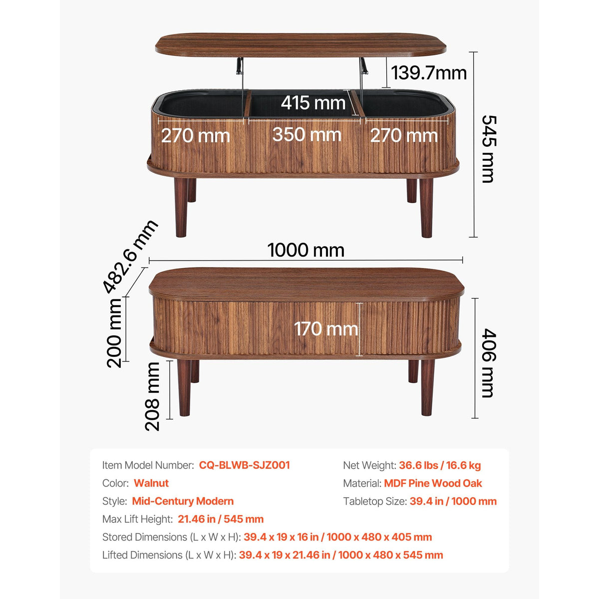 39.4 in Lift Top Coffee Table, Fluted Oval Coffee Table with 3 Hidden Compartment, Mid Century Wooden Oval Center Desk with Storage, Lift Up Tabletop for Home & Office, Easy Assembly, Walnut