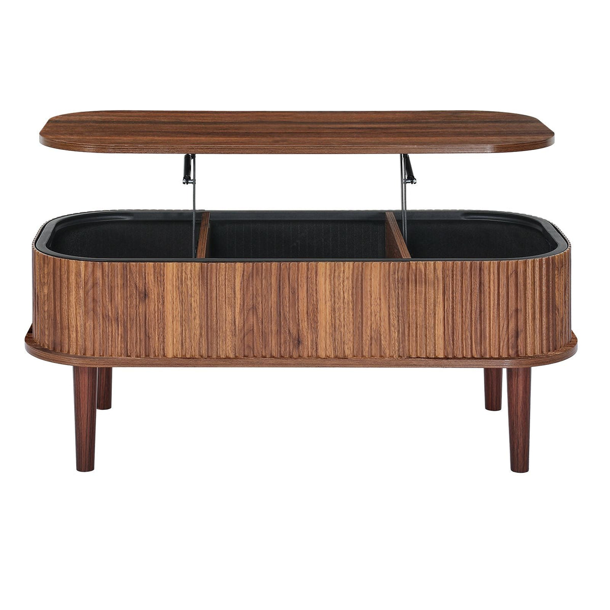 39.4 in Lift Top Coffee Table, Fluted Oval Coffee Table with 3 Hidden Compartment, Mid Century Wooden Oval Center Desk with Storage, Lift Up Tabletop for Home & Office, Easy Assembly, Walnut