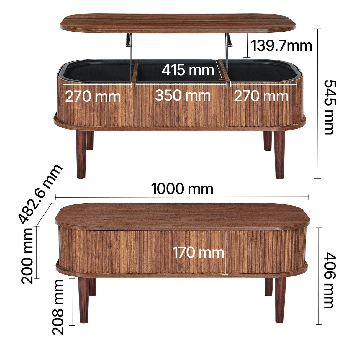 39.4 in Lift Top Coffee Table, Fluted Oval Coffee Table with 3 Hidden Compartment, Mid Century Wooden Oval Center Desk with Storage, Lift Up Tabletop for Home & Office, Easy Assembly, Walnut