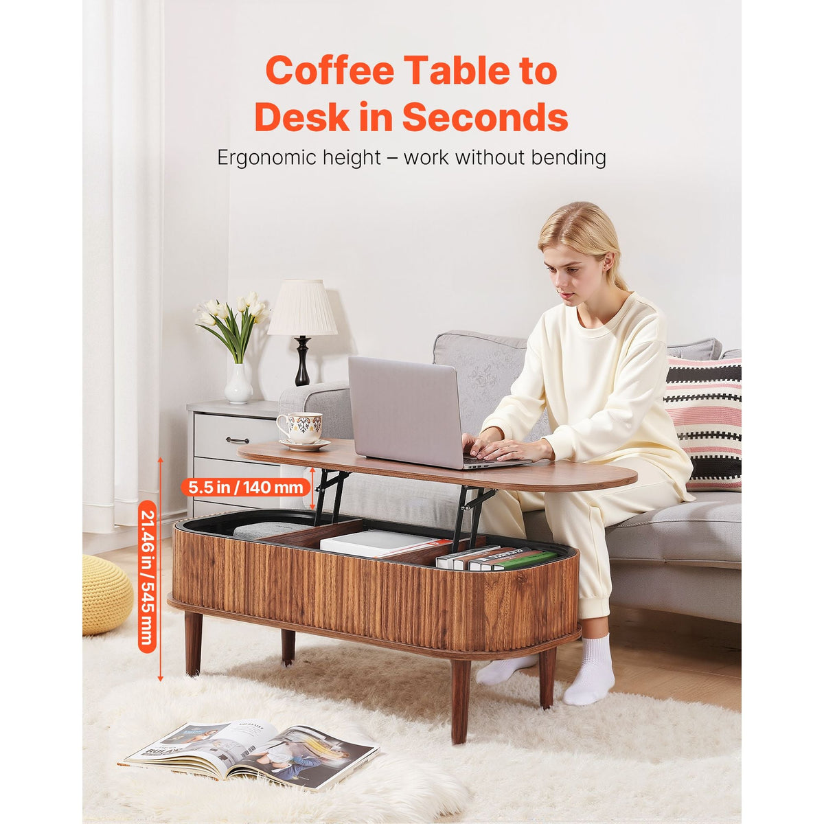 39.4 in Lift Top Coffee Table, Fluted Oval Coffee Table with 3 Hidden Compartment, Mid Century Wooden Oval Center Desk with Storage, Lift Up Tabletop for Home & Office, Easy Assembly, Walnut