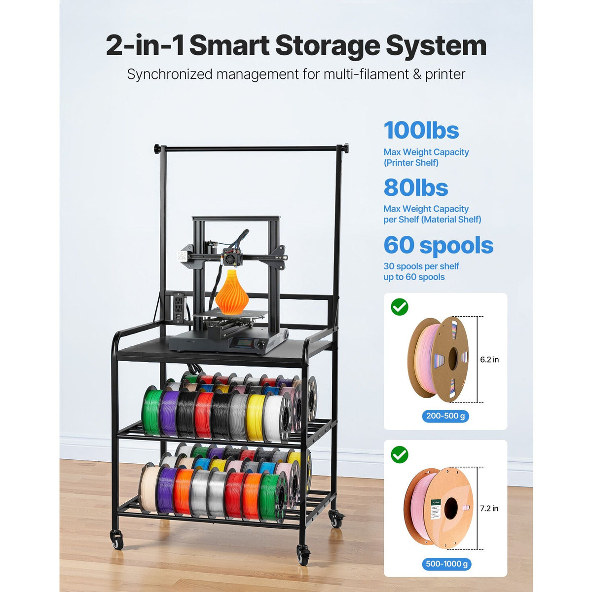 3D Printer Filament Storage Rack, 3-Tier 3D Printer Stand with Filament Storage, Spools Holder Racks Cart with Wheels, Filaments Organzied for 3D Printing Station, Office, Workshop (Shelf Only)