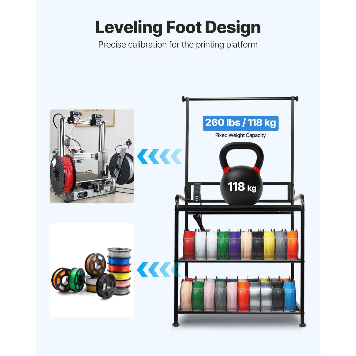 3D Printer Filament Storage Rack, 3-Tier 3D Printer Stand with Filament Storage, Spools Holder Racks Cart with Wheels, Filaments Organzied for 3D Printing Station, Office, Workshop (Shelf Only)