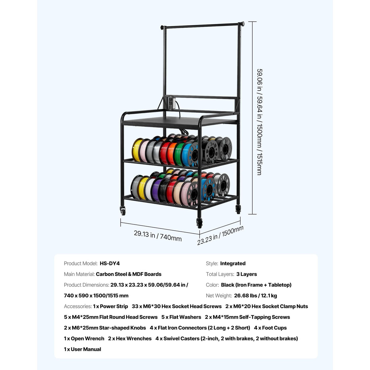 3D Printer Filament Storage Rack, 3-Tier 3D Printer Stand with Filament Storage, Spools Holder Racks Cart with Wheels, Filaments Organzied for 3D Printing Station, Office, Workshop (Shelf Only)