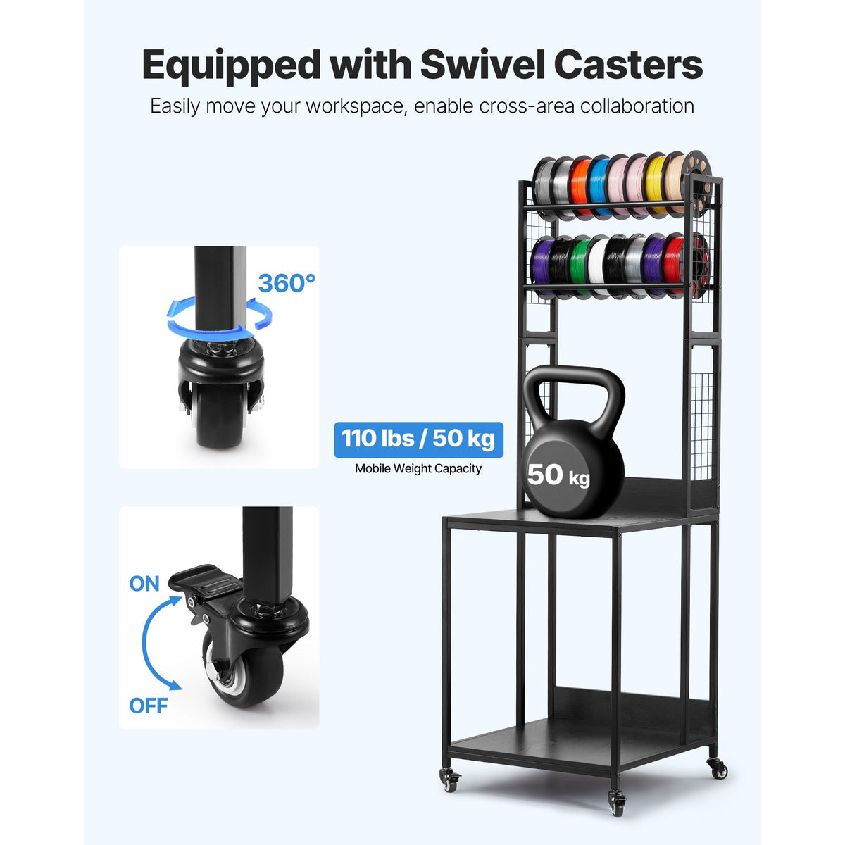 3D Printer Filament Storage Rack, 4-Tier 3D Printer Stand with Filament Storage, Spools Holder Racks Cart with Wheels, Filaments Organzied for 3D Printing Station, Office, Workshop (Shelf Only)