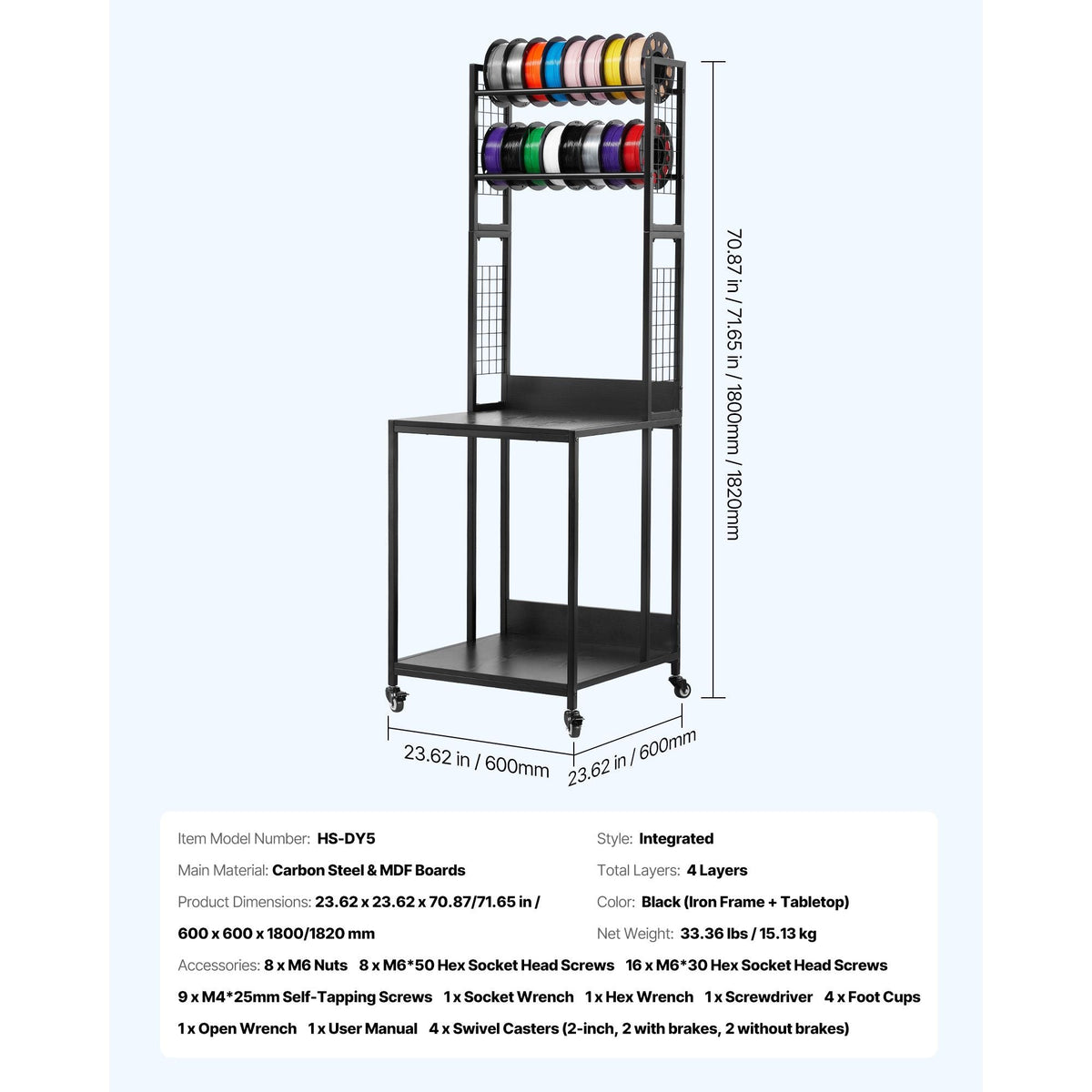 3D Printer Filament Storage Rack, 4-Tier 3D Printer Stand with Filament Storage, Spools Holder Racks Cart with Wheels, Filaments Organzied for 3D Printing Station, Office, Workshop (Shelf Only)