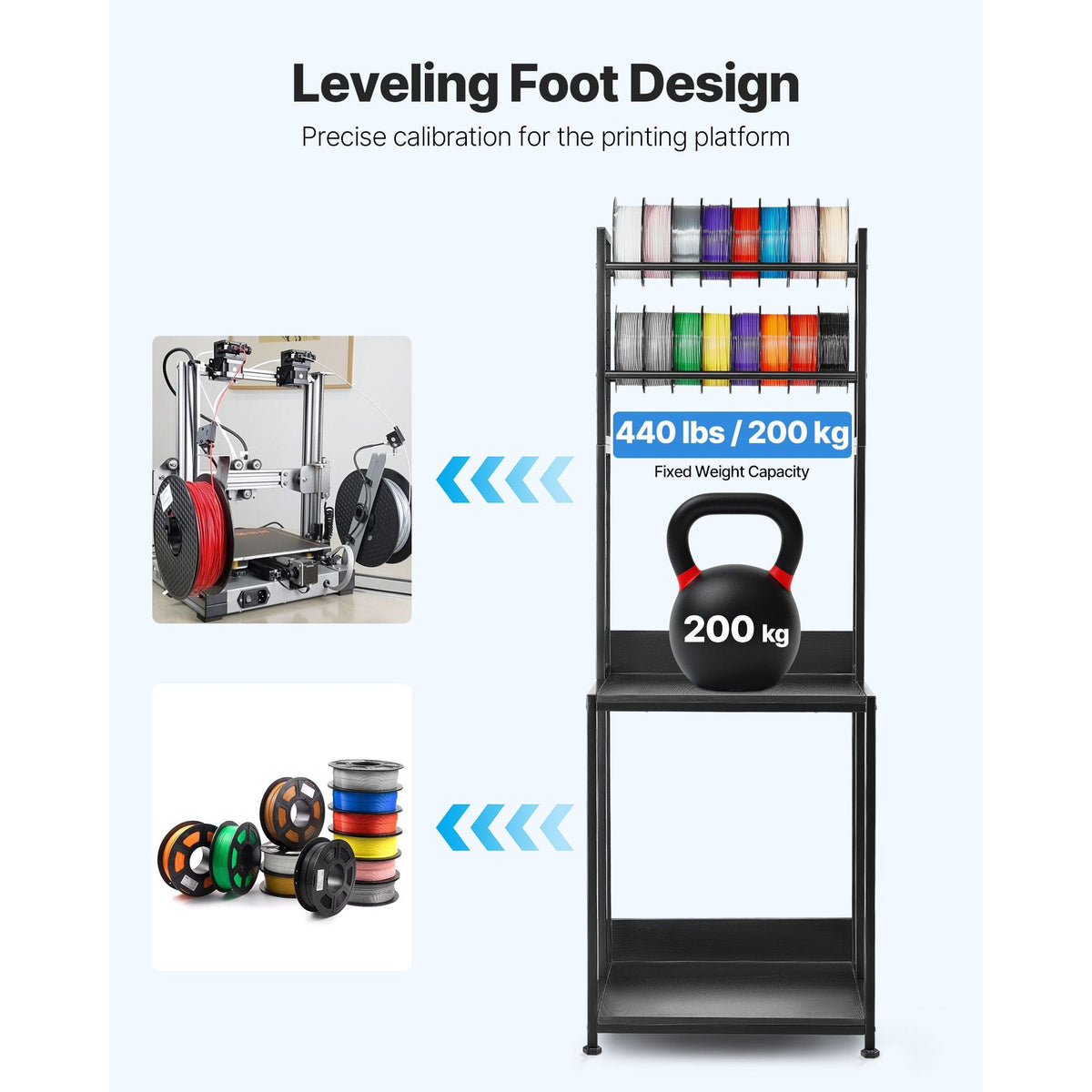 3D Printer Filament Storage Rack, 4-Tier 3D Printer Stand with Filament Storage, Spools Holder Racks Cart with Wheels, Filaments Organzied for 3D Printing Station, Office, Workshop (Shelf Only)