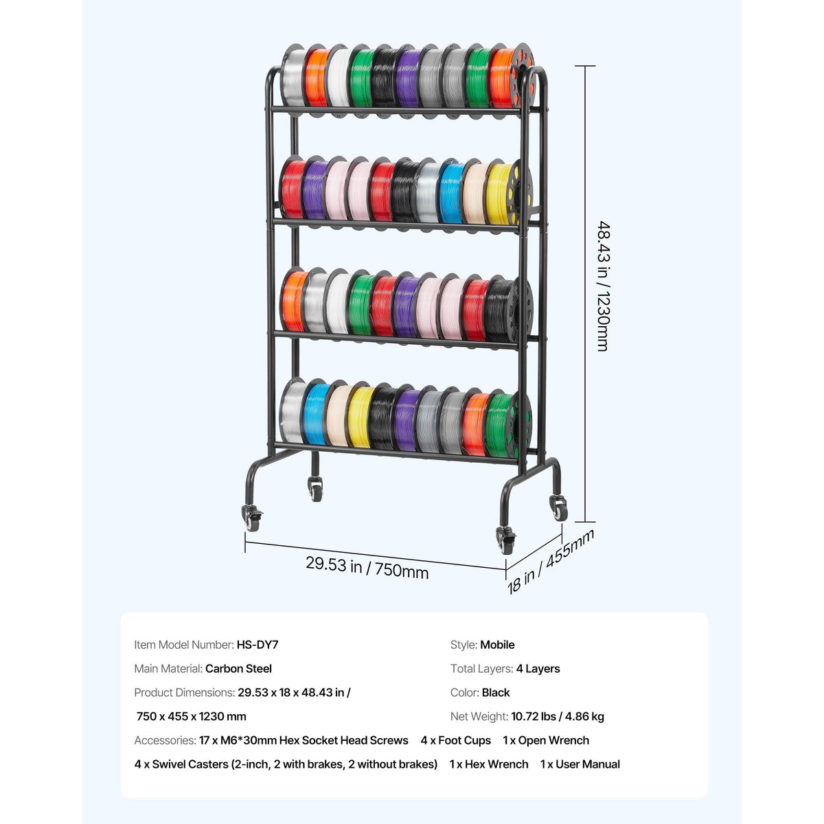 3D Printer Filament Storage Rack, 4 Tier Heavy Duty Storage Shelf, Rolling Filament Spool Holders Racks with Wheels, Filaments Organzied for 3D Printing Station, Office, Workshop (Shelf Only)