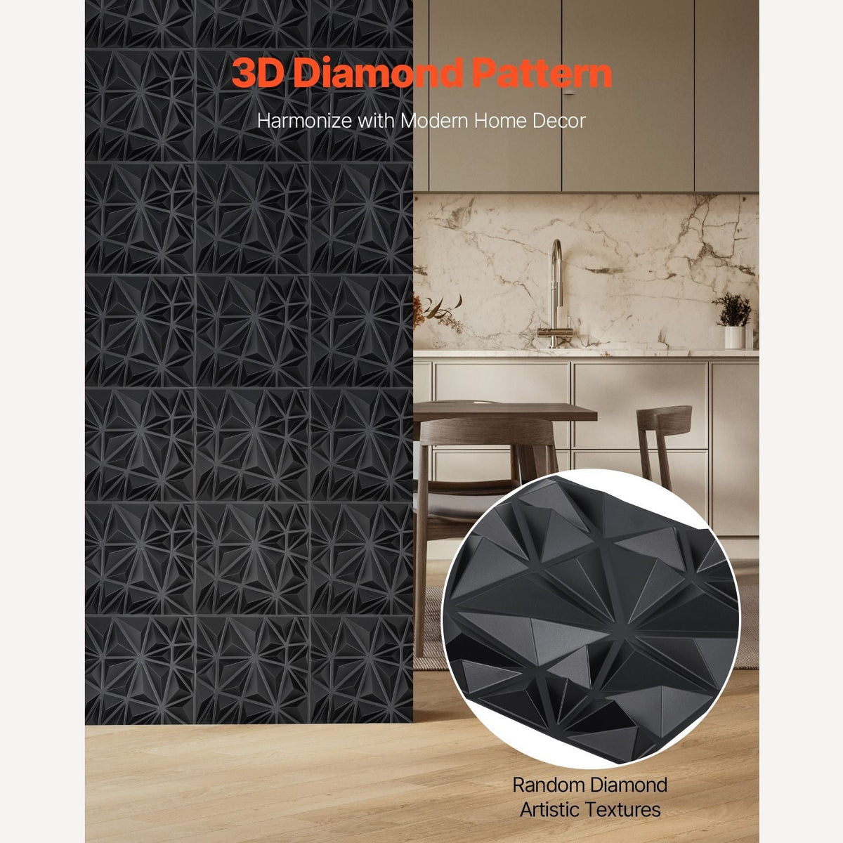 3D Wall Panels, 33-Pack 11.81 x 11.81 in PVC Modern Art Minimalist Diamond Tiles, 32 Sq.Ft Coverage Accent Wall Panel, Interior Home Decor for Ceiling, Bedroom, Living & Gaming Room, Matte Black