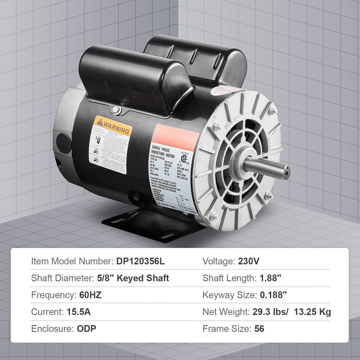 3HP Air Compressor Electric Motor, 230V 15.5 Amps, 56 Frame 3450RPM, 5/8" Keyed Shaft, 1.88" Shaft Length, Single Phase, CW/CCW Rotation (Factory Setting is CCW)