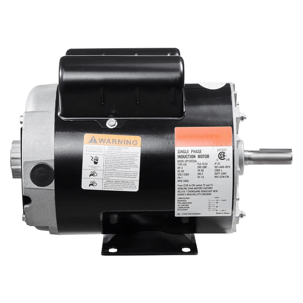 3HP Air Compressor Electric Motor, 230V 15.5 Amps, 56 Frame 3450RPM, 5/8" Keyed Shaft, 1.88" Shaft Length, Single Phase, CW/CCW Rotation (Factory Setting is CCW)
