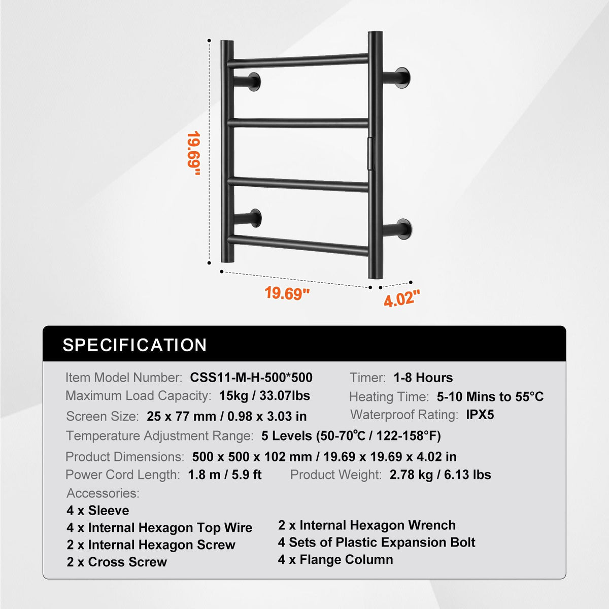 4 Bars Towel Warmer Rack, Wall Mounted Heated Towel Rack for Bathroom, IPX5 Waterpoof Towel Heater Rack with Timer & LED Display Screen, 5 Levels Adjustable Temperature Towel Heater, Black