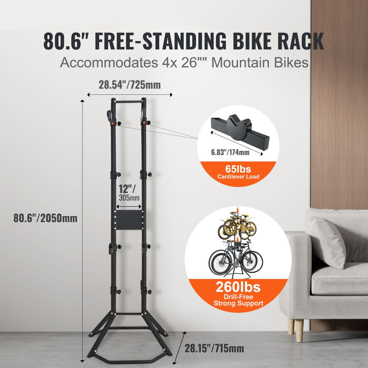 4 Bike Storage Rack, Free Standing Gravity Wall Vertical Bike Rack, Fully Adjustable Bike Rack Garage, Sturdy Steel & Easy Assemble, for Garage, Living Room, Shed, Holds Up to 260 lbs Black