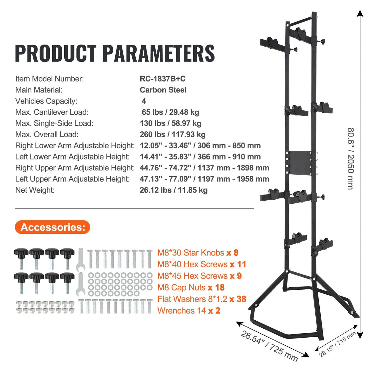 4 Bike Storage Rack, Free Standing Gravity Wall Vertical Bike Rack, Fully Adjustable Bike Rack Garage, Sturdy Steel & Easy Assemble, for Garage, Living Room, Shed, Holds Up to 260 lbs Black