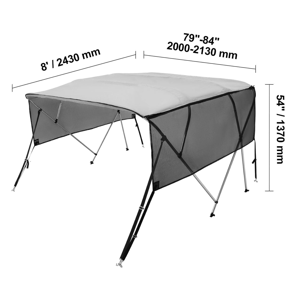 4 Bow Bimini Top Boat Cover, Detachable Mesh Sidewalls, 600D Polyester Canopy with 1" Aluminum Alloy Frame, Includes Storage Boot, 2 Straps, 2 Support Poles, 8'L x 54"H x 79"-84"W, Light Grey