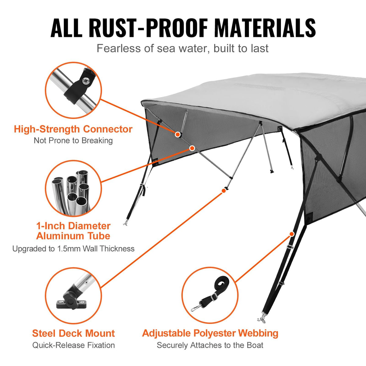 4 Bow Bimini Top Boat Cover, Detachable Mesh Sidewalls, 600D Polyester Canopy with 1" Aluminum Alloy Frame, Includes Storage Boot, 2 Straps, 2 Support Poles, 8'L x 54"H x 79"-84"W, Light Grey