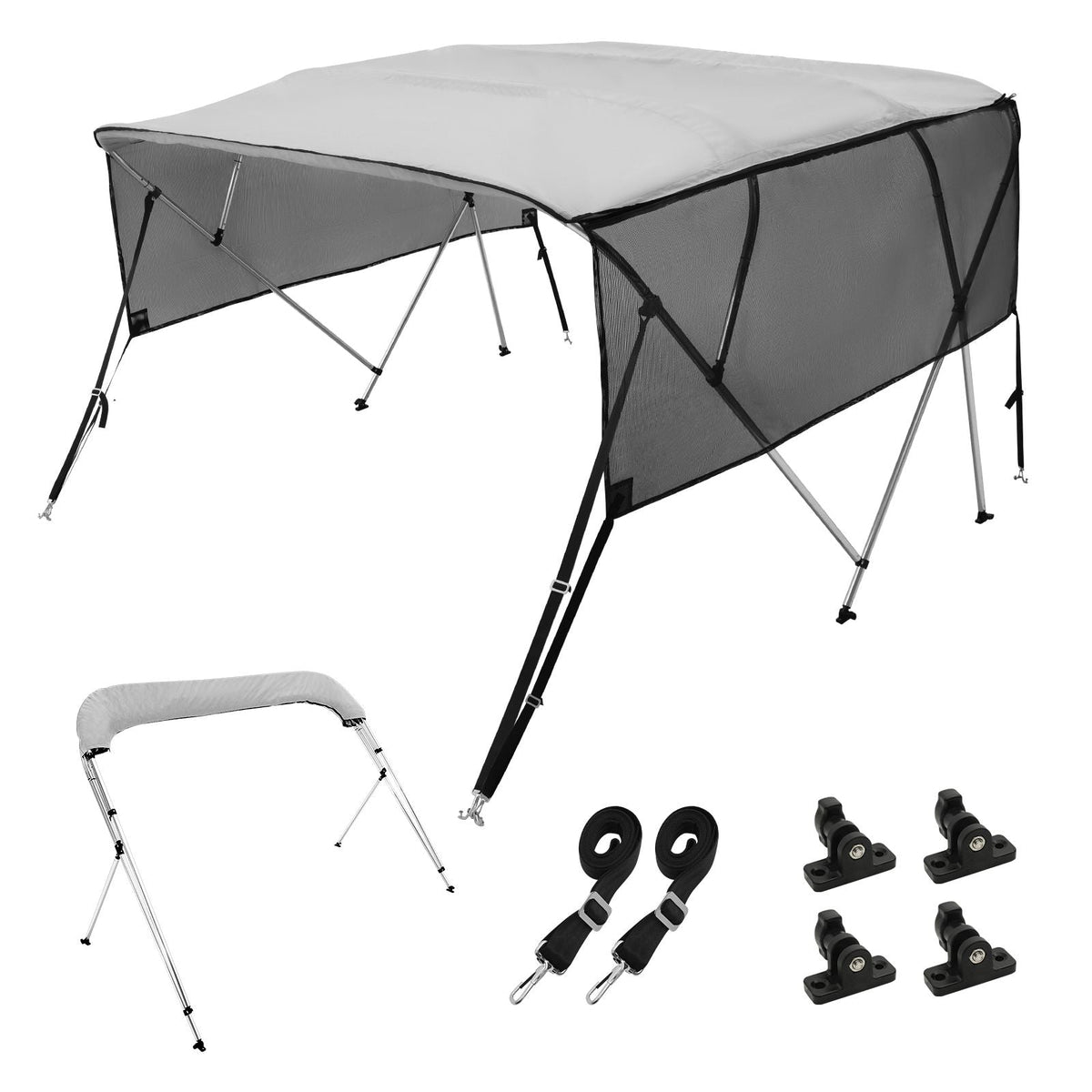 4 Bow Bimini Top Boat Cover, Detachable Mesh Sidewalls, 600D Polyester Canopy with 1" Aluminum Alloy Frame, Includes Storage Boot, 2 Straps, 2 Support Poles, 8'L x 54"H x 79"-84"W, Light Grey
