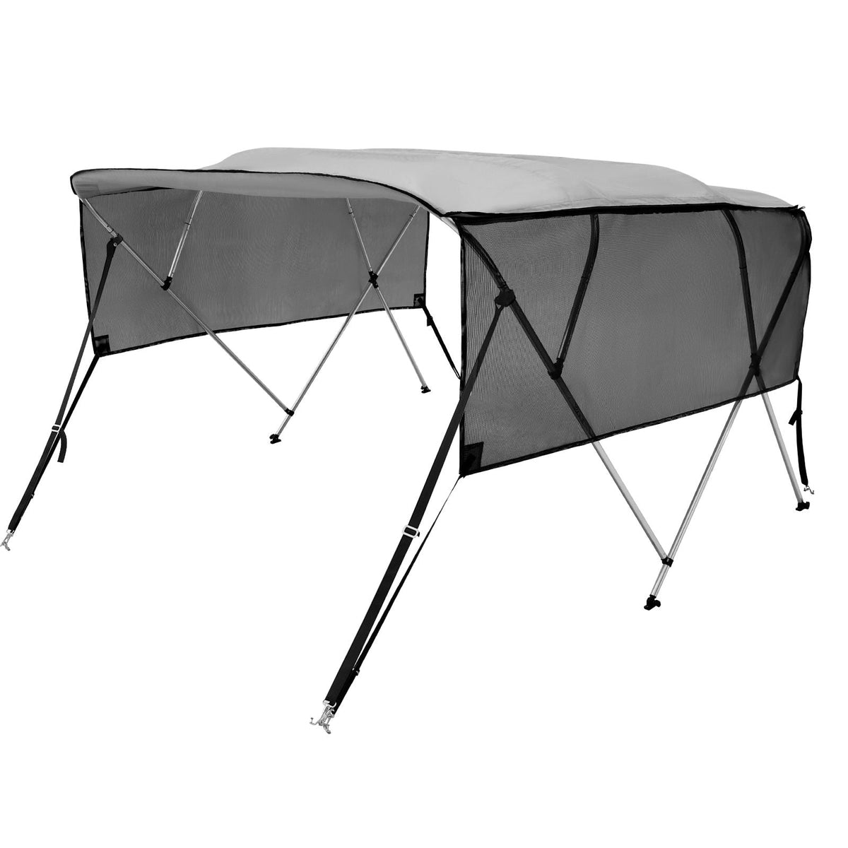 4 Bow Bimini Top Boat Cover, Detachable Mesh Sidewalls, 600D Polyester Canopy with 1" Aluminum Alloy Frame, Includes Storage Boot, 2 Straps, 2 Support Poles, 8'L x 54"H x 79"-84"W, Light Grey