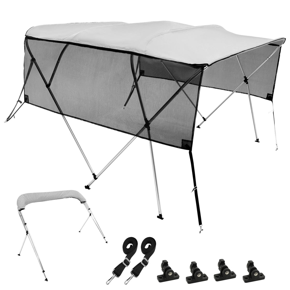 4 Bow Bimini Top Boat Cover, Detachable Mesh Sidewalls, 600D Polyester Canopy with 1" Aluminum Alloy Frame, Includes Storage Boot, 2 Straps, 2 Support Poles, 8'L x 54"H x 79"-84"W, Light Grey