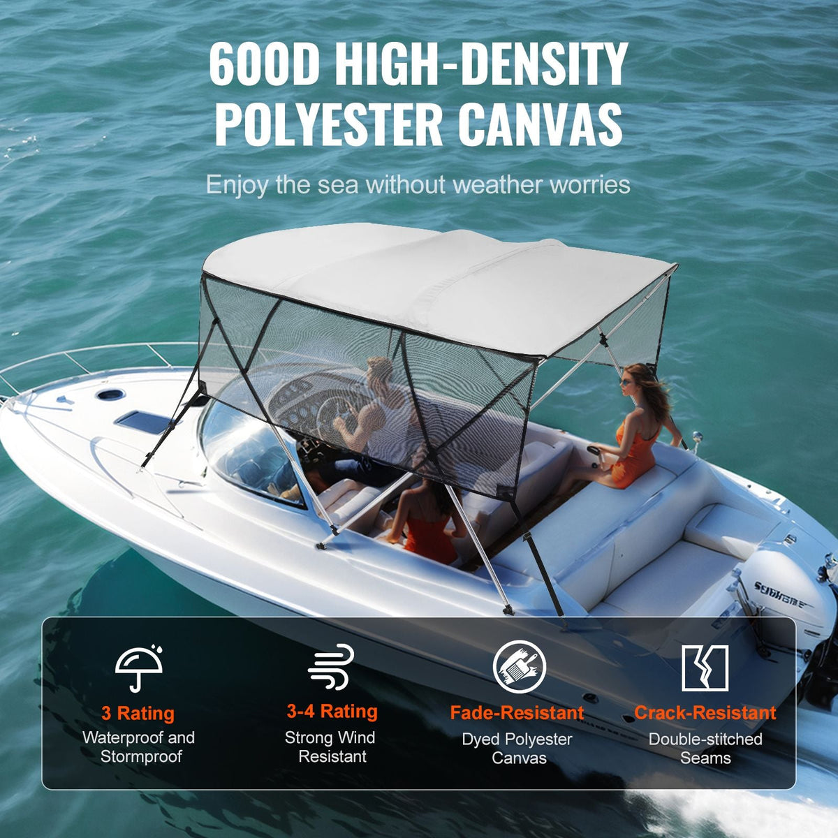 4 Bow Bimini Top Boat Cover, Detachable Mesh Sidewalls, 600D Polyester Canopy with 1" Aluminum Alloy Frame, Includes Storage Boot, 2 Straps, 2 Support Poles, 8'L x 54"H x 79"-84"W, Light Grey
