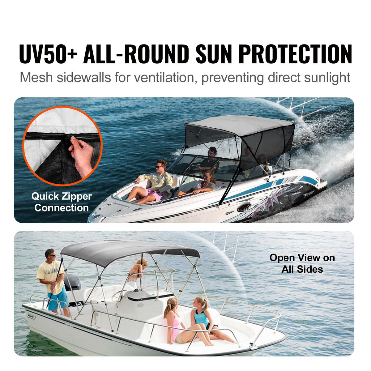 4 Bow Bimini Top Boat Cover, Detachable Mesh Sidewalls, 600D Polyester Canopy with 1" Aluminum Alloy Frame, Includes Storage Boot, 2 Straps, 2 Support Poles, 8'L x 54"H x 79"-84"W, Light Grey