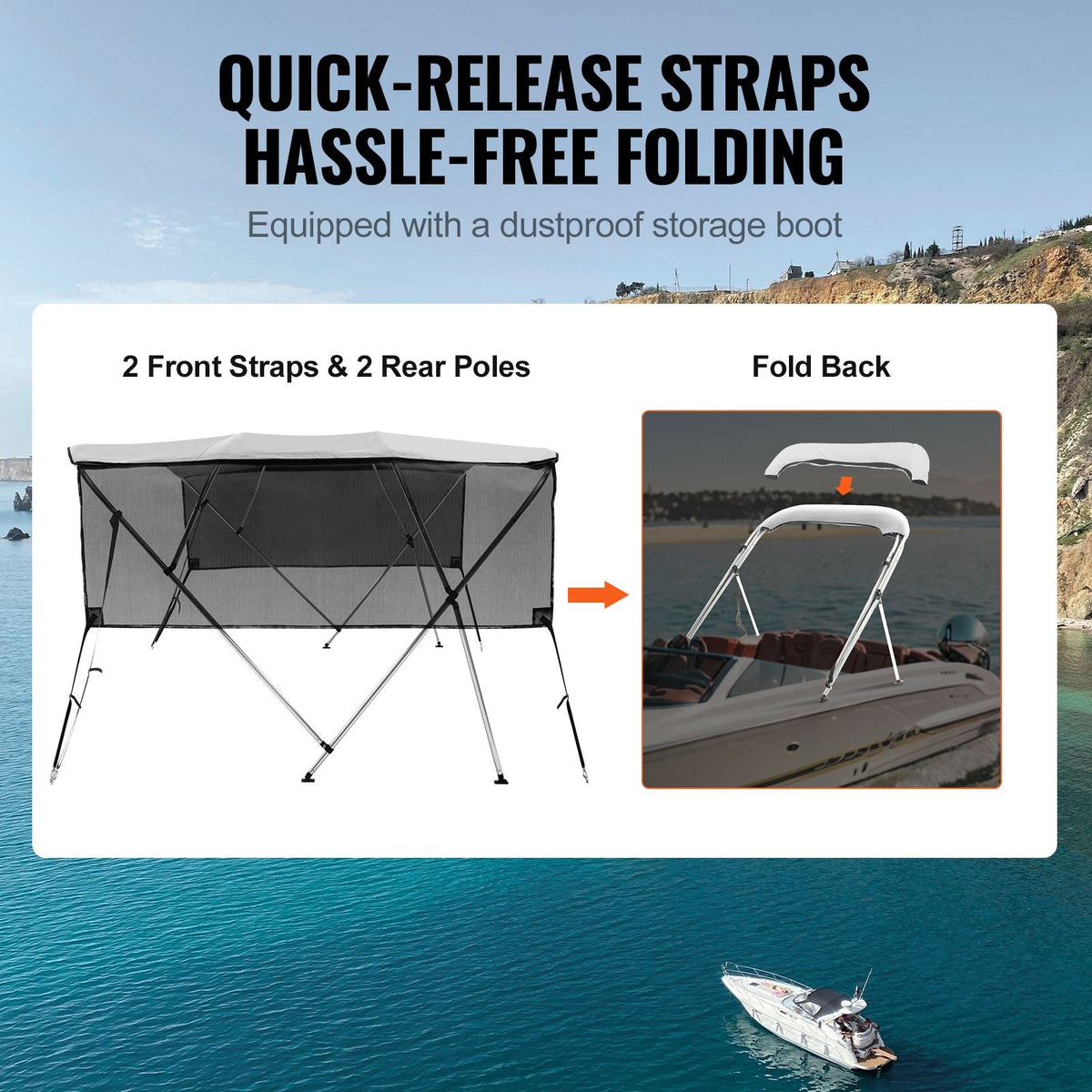 4 Bow Bimini Top Boat Cover, Detachable Mesh Sidewalls, 600D Polyester Canopy with 1" Aluminum Alloy Frame, Includes Storage Boot, 2 Straps, 2 Support Poles, 8'L x 54"H x 79"-84"W, Light Grey