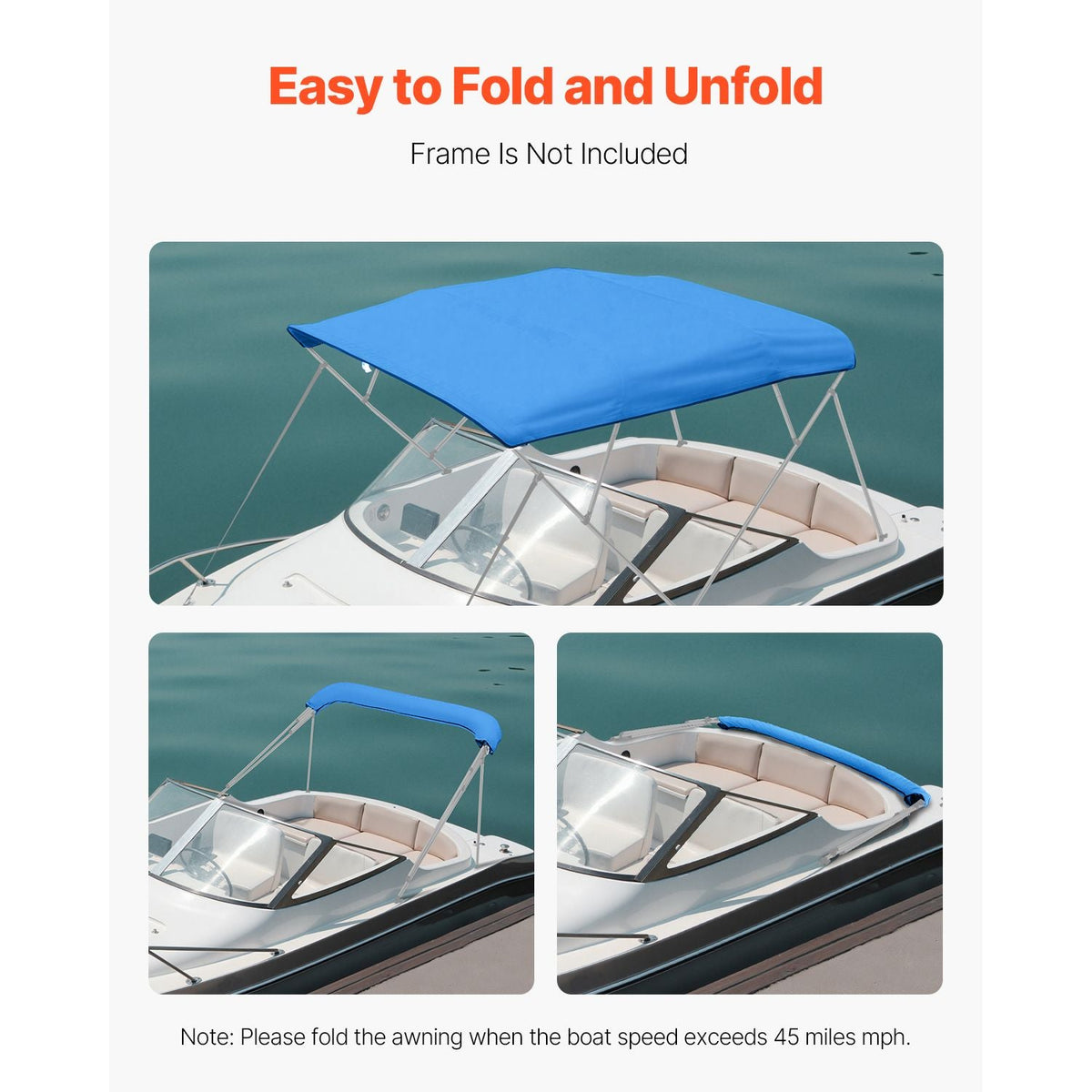 4 Bow Bimini Top Replacement Cover, 8 ft Long, Durable 600D Marine Grade Waterproof Sun Shade Boat Canopy with Storage Boot, Easy Install Zipper Sleeve Awning, 96"L x (91"-96")W, Blue (No Frame)