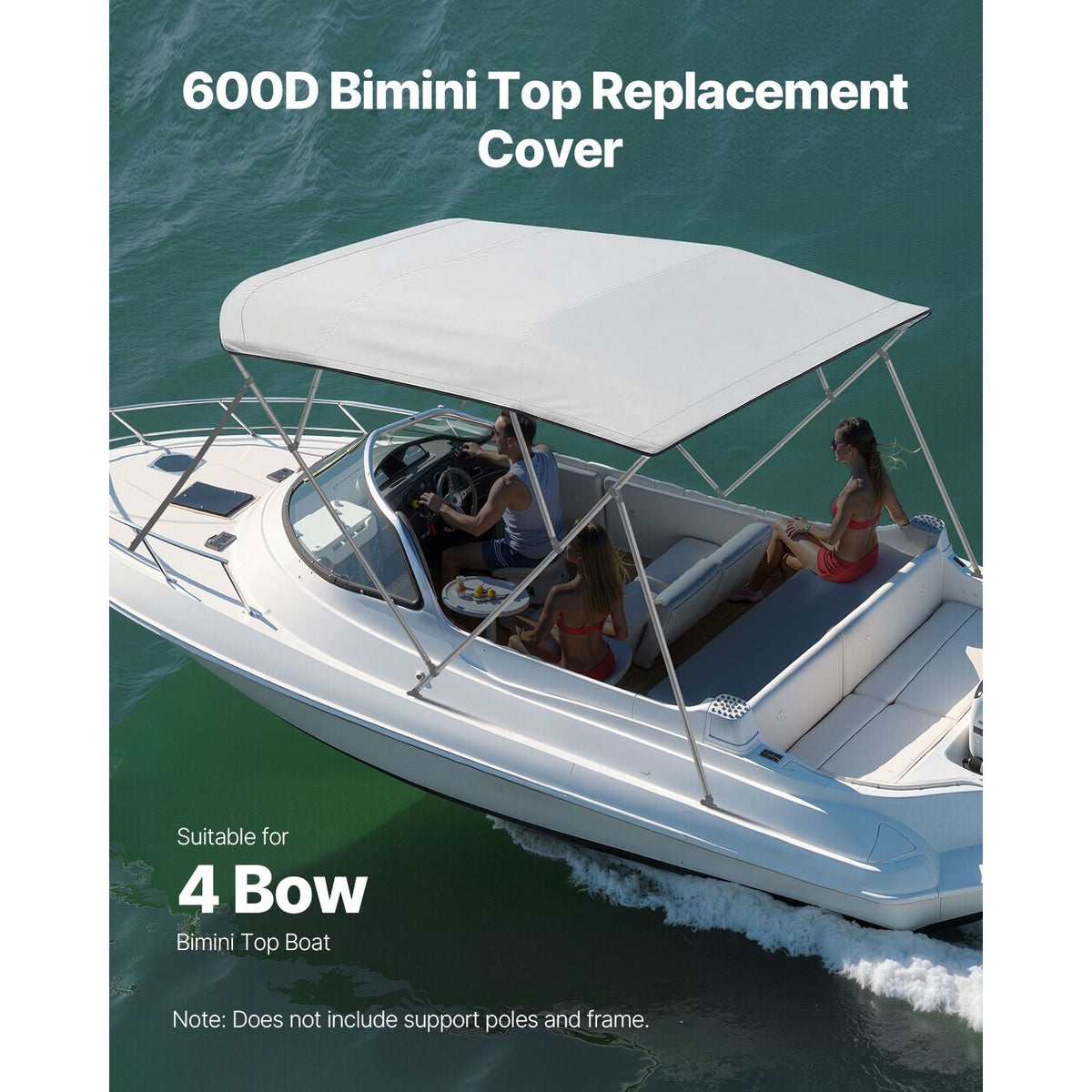 4 Bow Bimini Top Replacement Cover, 8 ft Long, Durable 600D Marine Grade Waterproof Sun Shade Boat Canopy with Storage Boot, Easy Install Zipper Sleeve Awning, 96"L x (91"-96")W, Gray (No Frame)