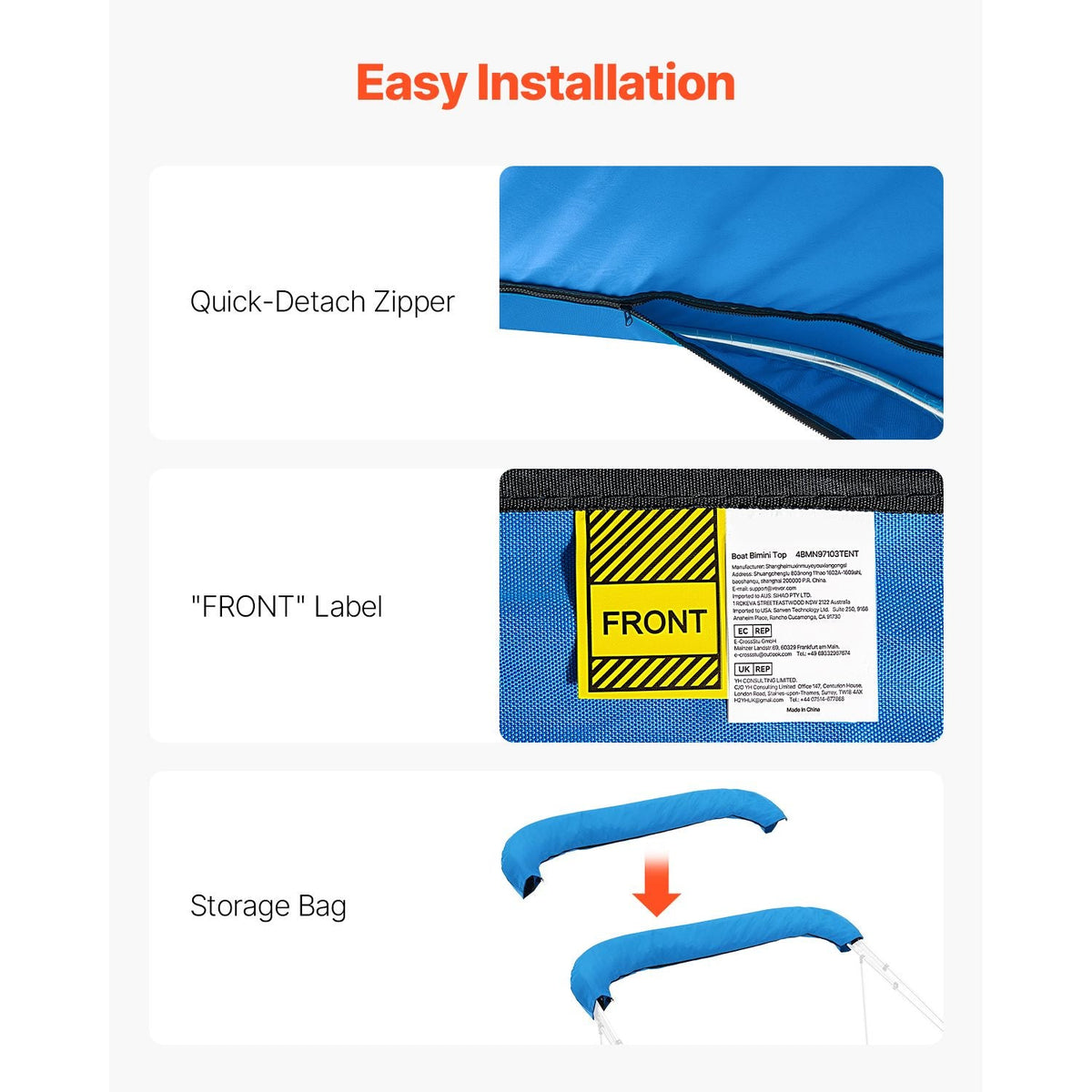 4 Bow Bimini Top Replacement Cover, 8 ft Long Durable 600D Marine Grade Waterproof Sun Shade Boat Canopy with Storage Boot, Easy Install Zipper Sleeve Awning, 96"L x (97"-103")W, Blue (No Frame)