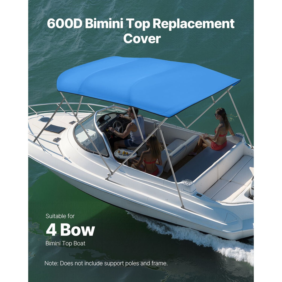 4 Bow Bimini Top Replacement Cover, 8 ft Long Durable 600D Marine Grade Waterproof Sun Shade Boat Canopy with Storage Boot, Easy Install Zipper Sleeve Awning, 96"L x (97"-103")W, Blue (No Frame)