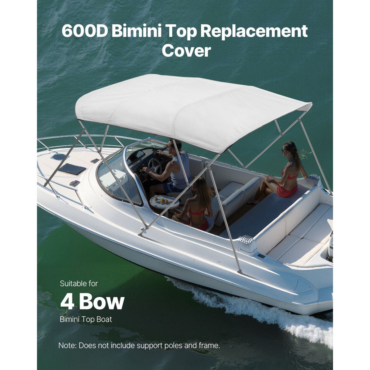 4 Bow Boat Bimini Tops, 600D Polyester Canopy, Waterproof & Sun Protection Boat Awning Canopy with Storage Bag, Bimini Top Replacement, 96"Lx(97"-103")W, Light Grey (Support Frame Not Included)