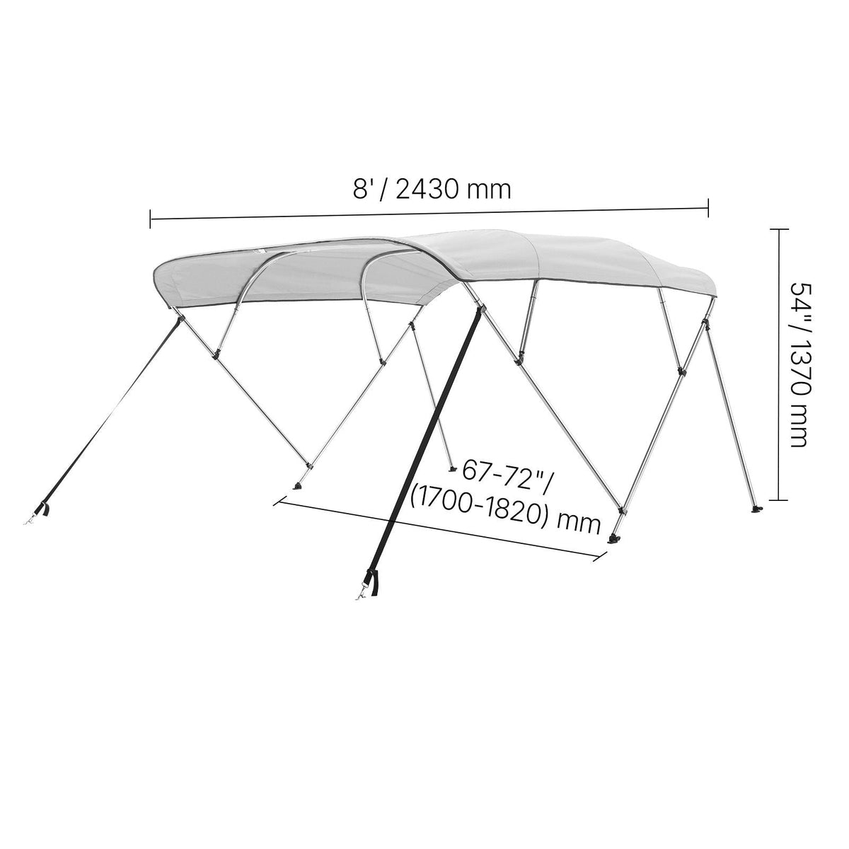 4 Bow Boat Bimini Tops, 600D Polyester Canopy with Aluminum Alloy Frame, Waterproof & Sun Shade Boat Awning Canopy with Storage Bag, 2 Support Poles, 4 Straps, 96"Lx(67"-72")Wx54"H, Light Grey