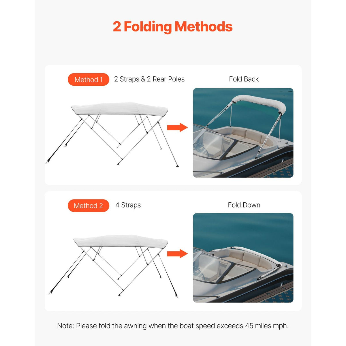 4 Bow Boat Bimini Tops, 600D Polyester Canopy with Aluminum Alloy Frame, Waterproof & Sun Shade Boat Awning Canopy with Storage Bag, 2 Support Poles, 4 Straps, 96"Lx(67"-72")Wx54"H, Light Grey