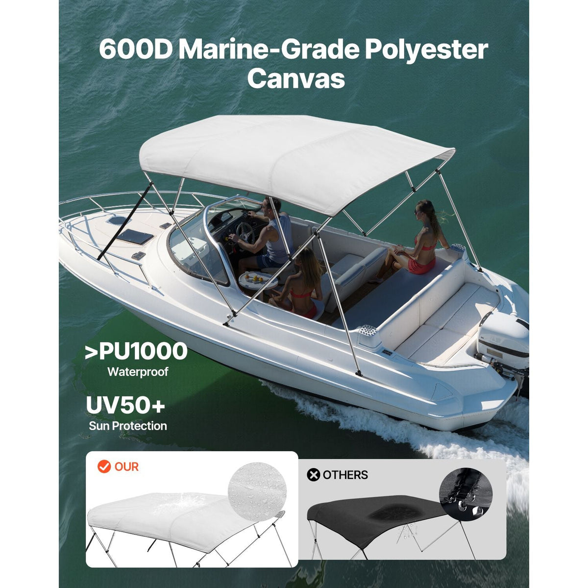 4 Bow Boat Bimini Tops, 600D Polyester Canopy with Aluminum Alloy Frame, Waterproof & Sun Shade Boat Awning Canopy with Storage Bag, 2 Support Poles, 4 Straps, 96"Lx(67"-72")Wx54"H, Light Grey
