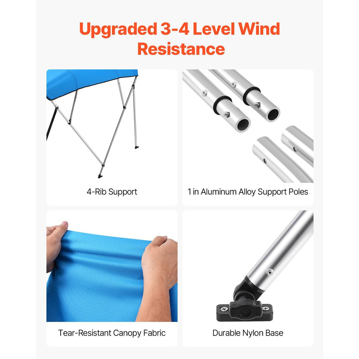 4 Bow Boat Bimini Tops, 600D Polyester Canopy with Aluminum Alloy Frame, Waterproof & Sun Shade Boat Awning Canopy with Storage Bag, 2 Support Poles, 4 Straps, 96"Lx(67"-72")Wx54"H, Pacific Blue