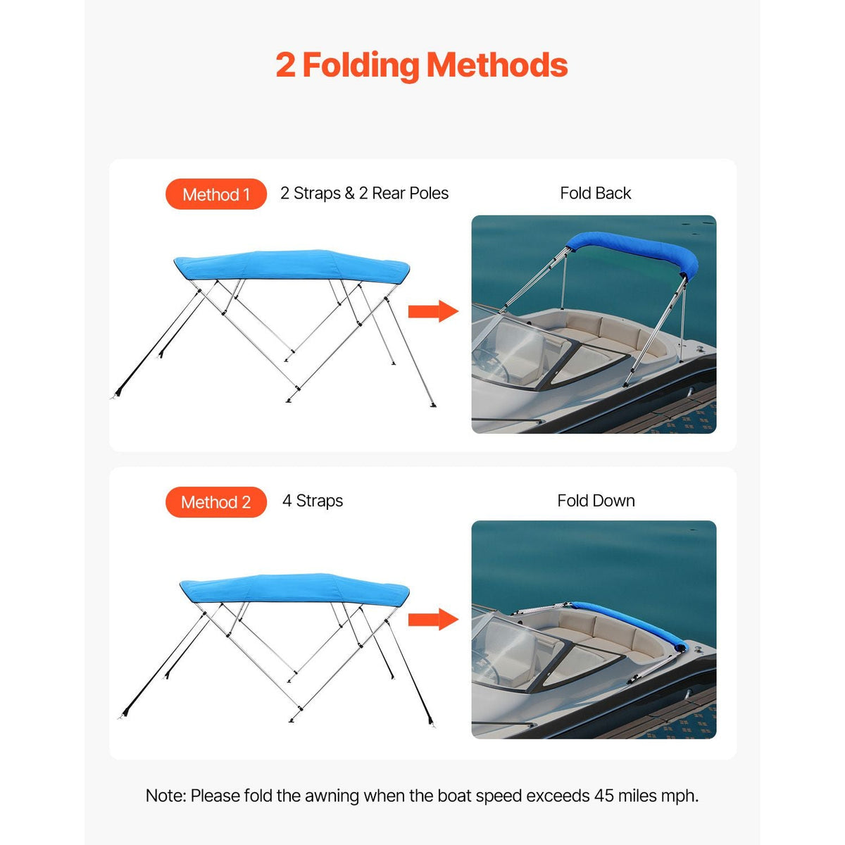 4 Bow Boat Bimini Tops, 600D Polyester Canopy with Aluminum Alloy Frame, Waterproof & Sun Shade Boat Awning Canopy with Storage Bag, 2 Support Poles, 4 Straps, 96"Lx(67"-72")Wx54"H, Pacific Blue