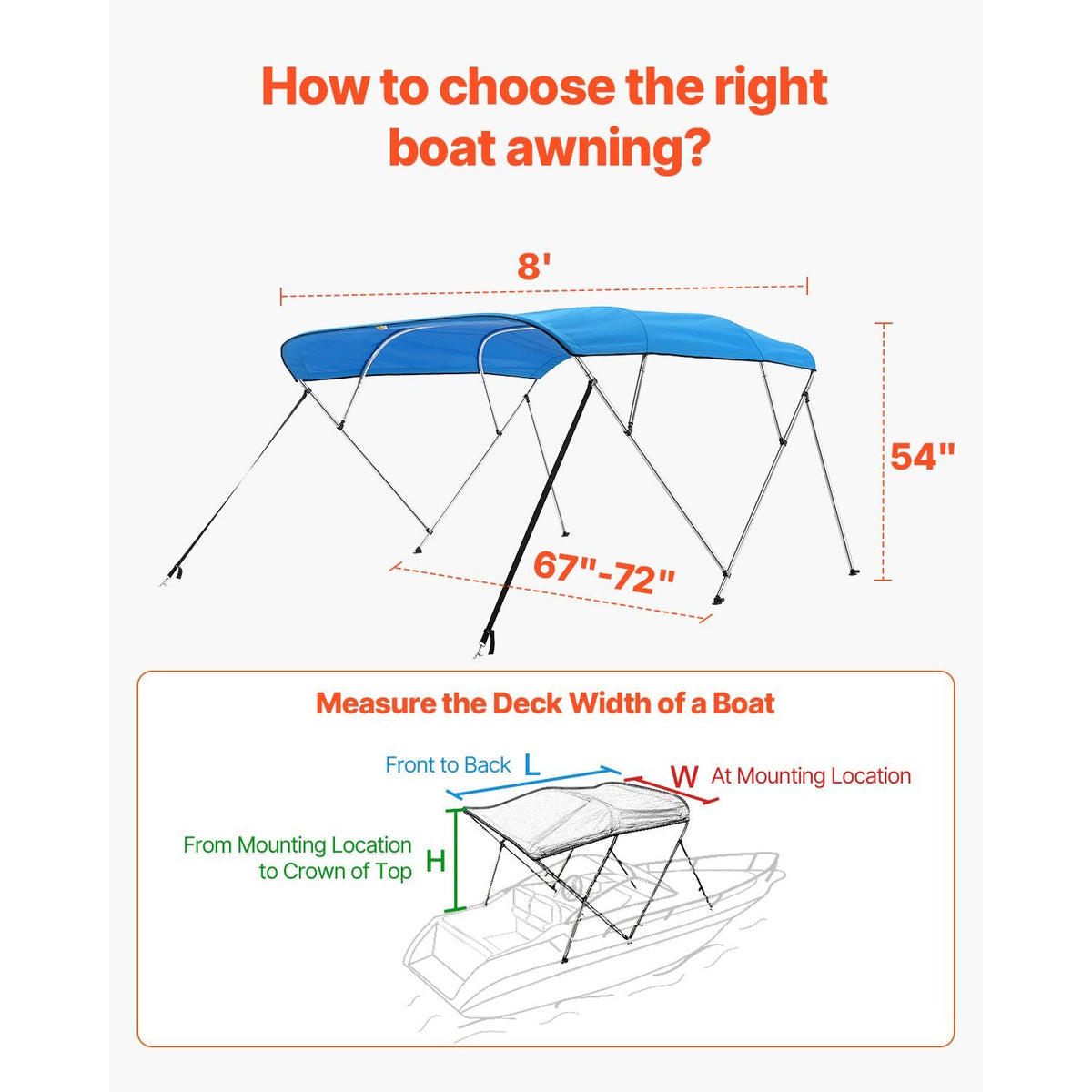 4 Bow Boat Bimini Tops, 600D Polyester Canopy with Aluminum Alloy Frame, Waterproof & Sun Shade Boat Awning Canopy with Storage Bag, 2 Support Poles, 4 Straps, 96"Lx(67"-72")Wx54"H, Pacific Blue