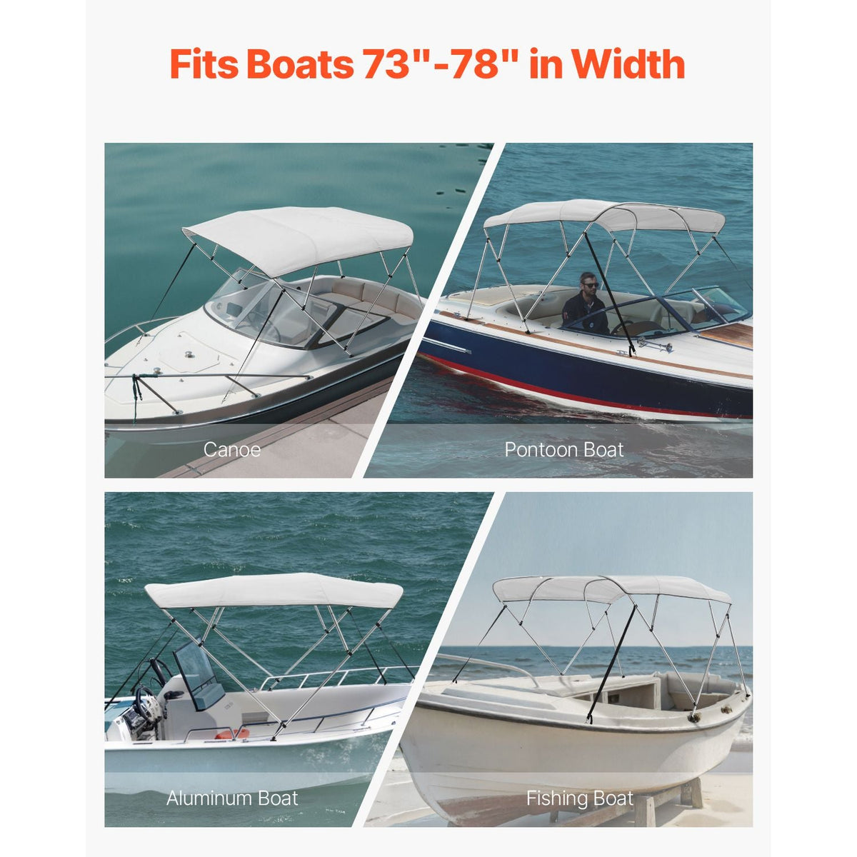 4 Bow Boat Bimini Tops, 600D Polyester Canopy with Aluminum Alloy Frame, Waterproof & Sun Shade Boat Awning Canopy with Storage Bag, 2 Support Poles, 4 Straps, 96"Lx(73"-78")Wx54"H, Light Grey