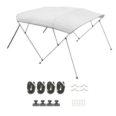 4 Bow Boat Bimini Tops, 600D Polyester Canopy with Aluminum Alloy Frame, Waterproof & Sun Shade Boat Awning Canopy with Storage Bag, 2 Support Poles, 4 Straps, 96"Lx(73"-78")Wx54"H, Light Grey