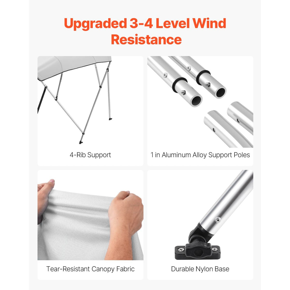 4 Bow Boat Bimini Tops, 600D Polyester Canopy with Aluminum Alloy Frame, Waterproof & Sun Shade Boat Awning Canopy with Storage Bag, 2 Support Poles, 4 Straps, 96"Lx(73"-78")Wx54"H, Light Grey