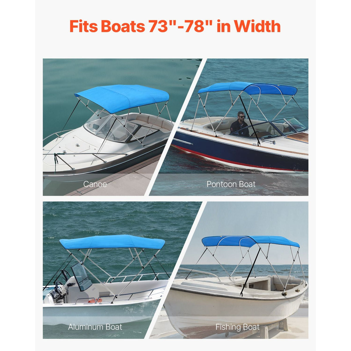 4 Bow Boat Bimini Tops, 600D Polyester Canopy with Aluminum Alloy Frame, Waterproof & Sun Shade Boat Awning Canopy with Storage Bag, 2 Support Poles, 4 Straps, 96"Lx(73"-78")Wx54"H, Pacific Blue