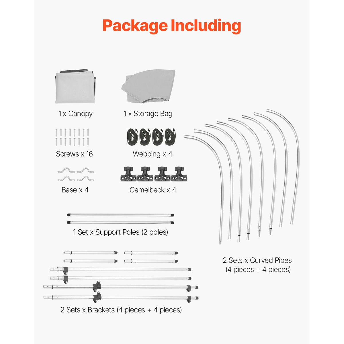 4 Bow Boat Bimini Tops, 600D Polyester Canopy with Aluminum Alloy Frame, Waterproof & Sun Shade Boat Awning Canopy with Storage Bag, 2 Support Poles, 4 Straps, 96"Lx(79"-84")Wx54"H, Light Grey